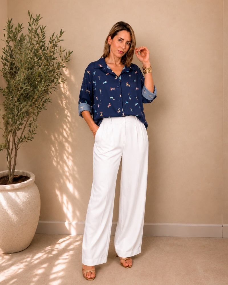 Camisa Oversize Azul con Estampado de Perritos Salchicha – Blusa Manga Larga