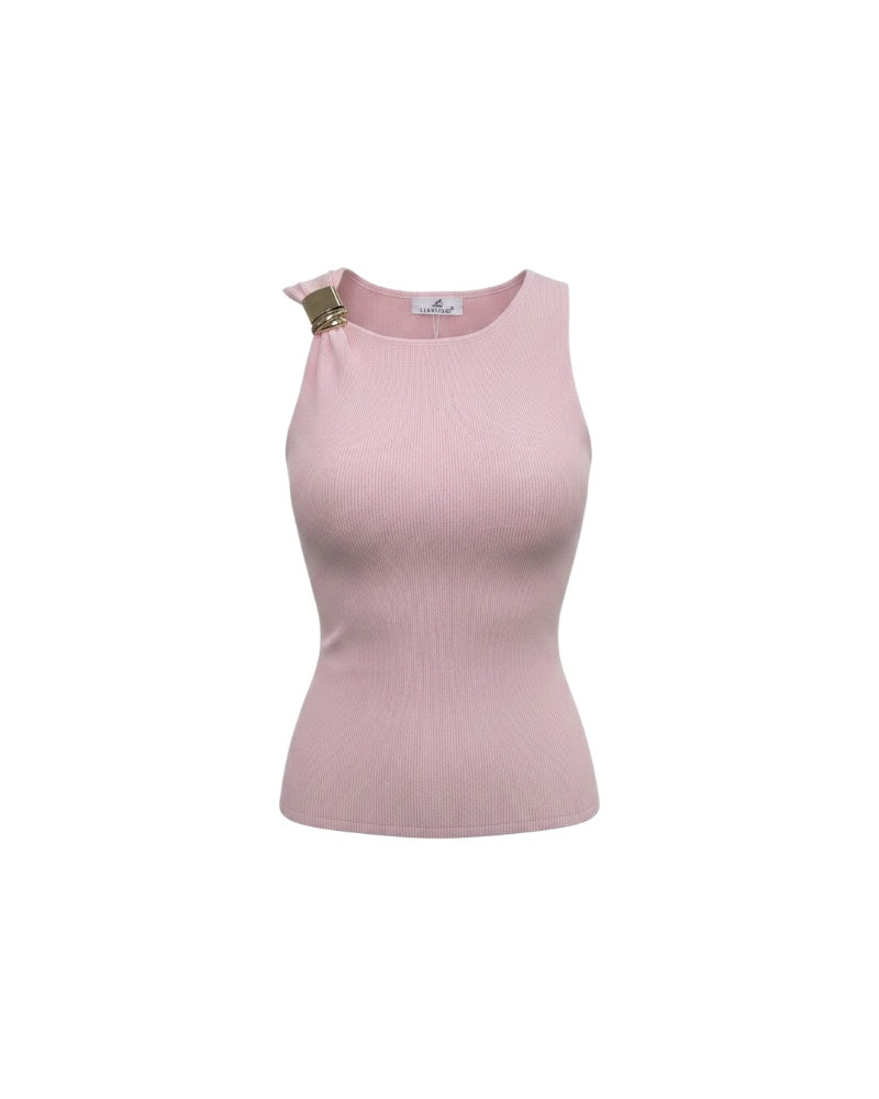 Jersey de Punto Acanalado con Detalle de Hebilla Dorada - Rosa Pastel