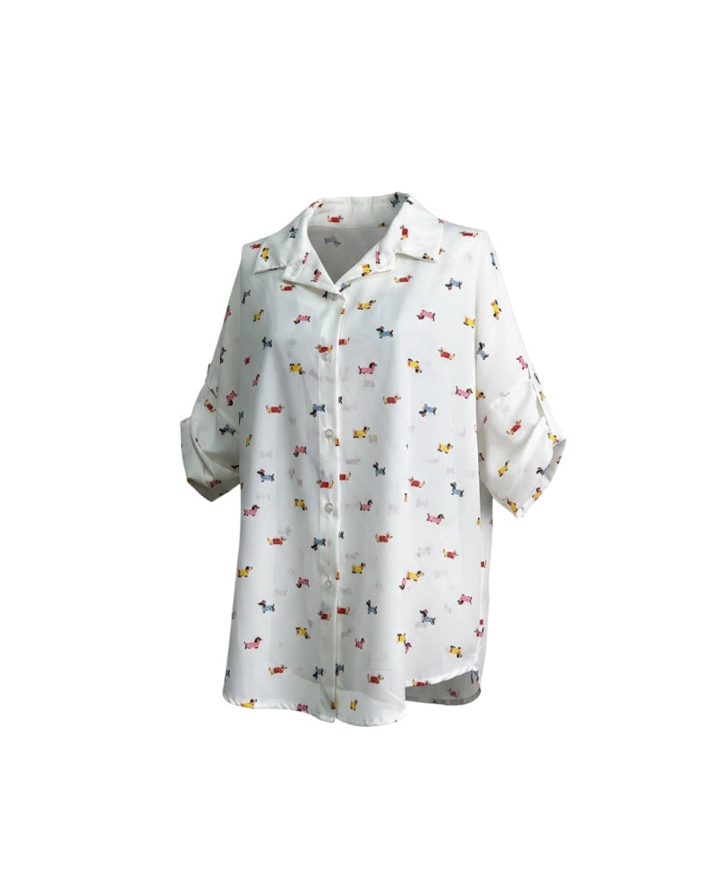 Camisa Oversize Blanco con Estampado de Perritos Salchicha – Blusa Manga Larga