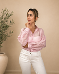 Camisa de Rayas Rosa Pastel para Mujer - Estilo Oversize y Ligero