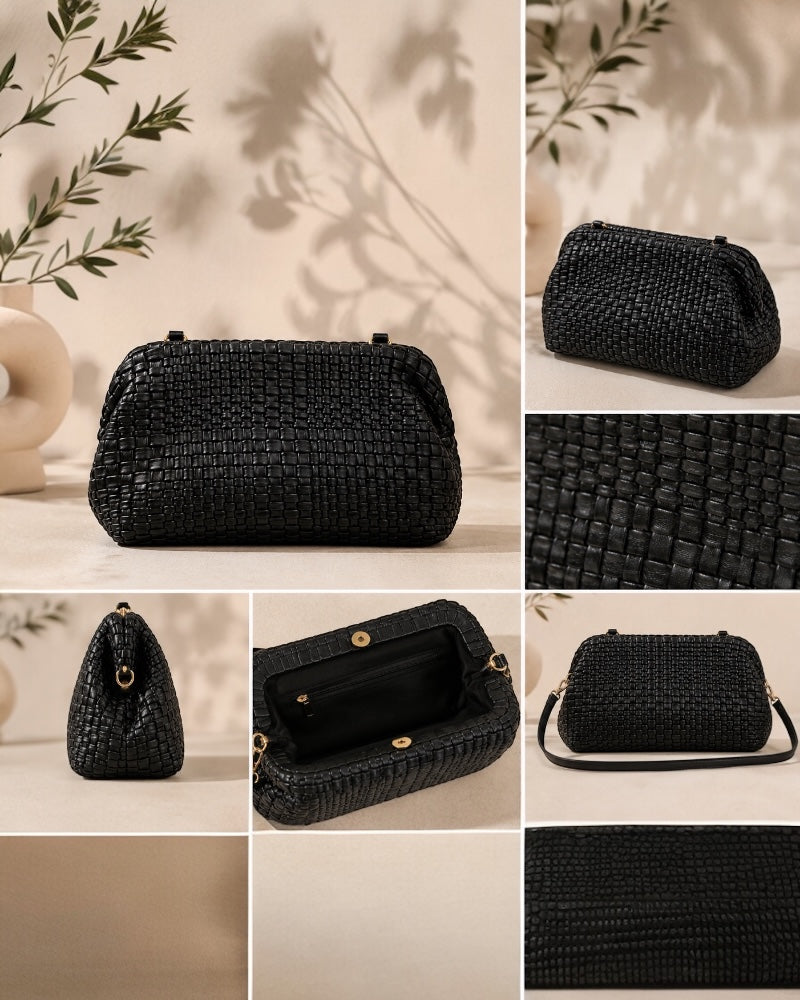 Bolso negro trenzado de diseño elegante y versátil.