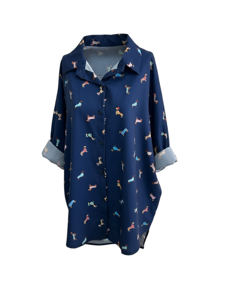 Camisa Oversize Azul con Estampado de Perritos Salchicha – Blusa Manga Larga