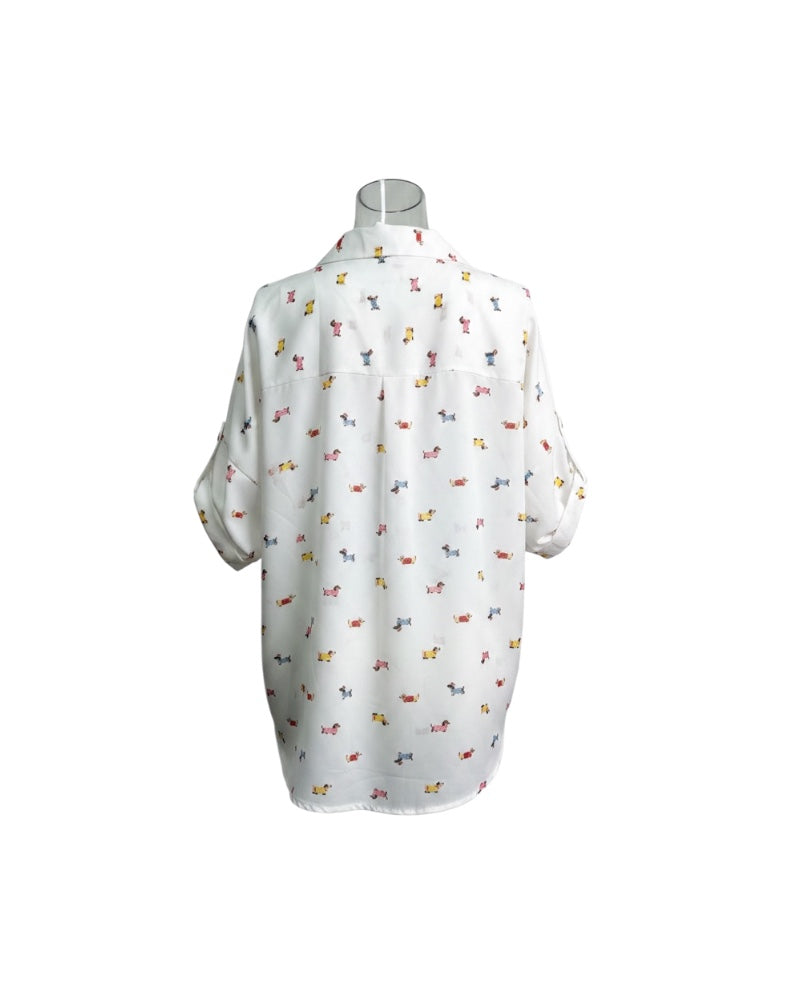 Camisa Oversize Blanco con Estampado de Perritos Salchicha – Blusa Manga Larga