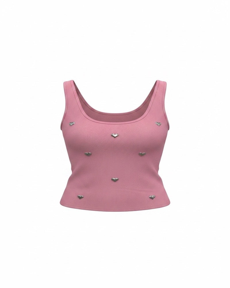 Jersey canalé rosa con detalle de corazones metálicos