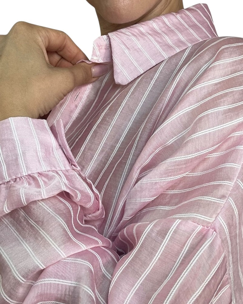Camisa de Rayas Rosa Pastel para Mujer - Estilo Oversize y Ligero
