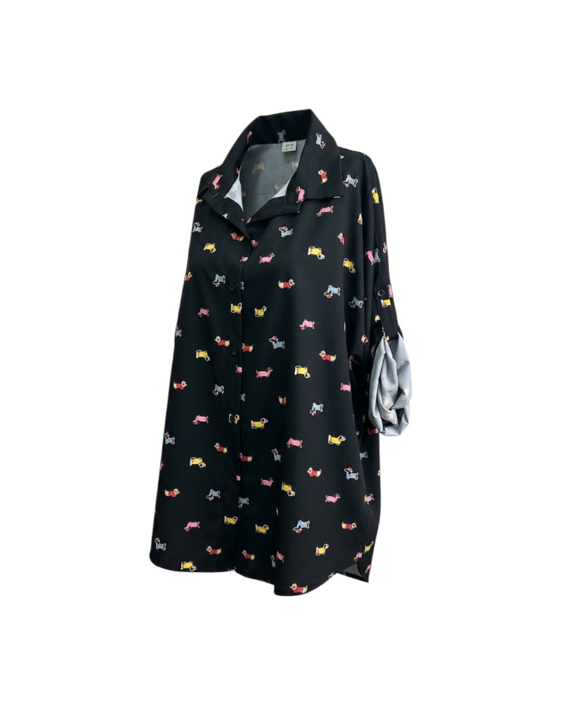Camisa Oversize Negra con Estampado de Perritos Salchicha – Blusa Manga Larga
