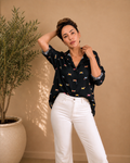 Camisa Oversize Negra con Estampado de Perritos Salchicha – Blusa Manga Larga