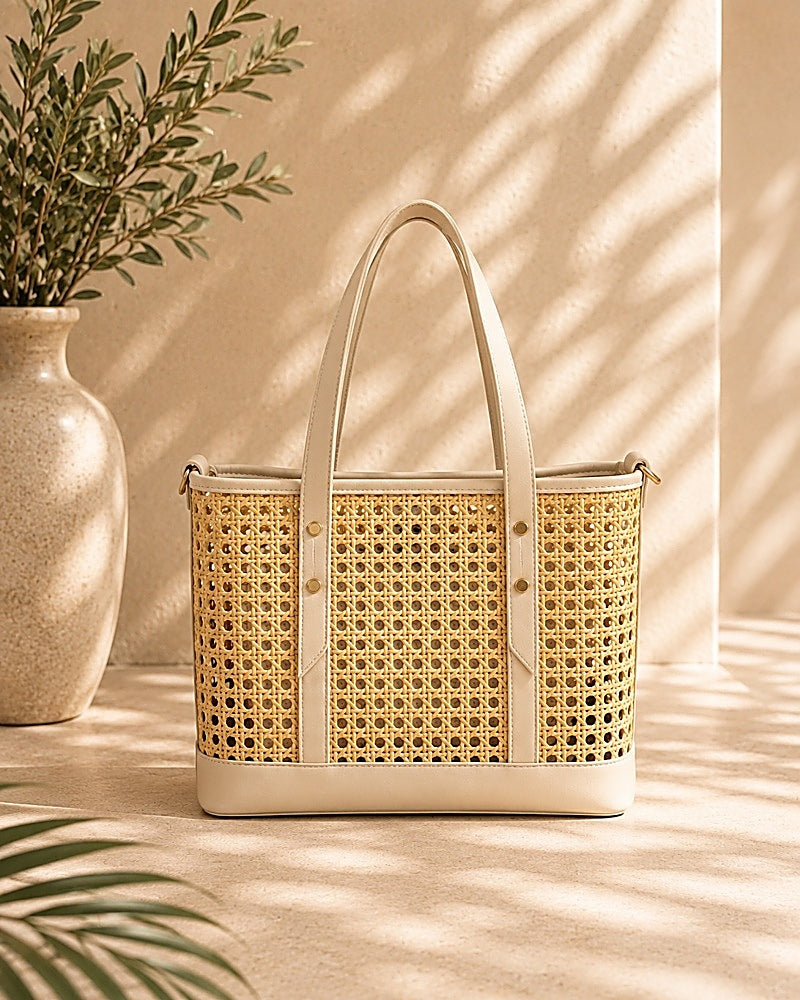 Bolso de rafia trenzada en tono natural y beige